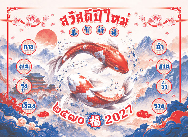 Chinese-Hanging-Calendar-2570-Template_Lucky-Koi-Fish-Poster_Roongphim-Calendar รูปแบบปฏิทินแขวนจีนสำเร็จรูป 2570 ลายปลาคาร์ปคู่หยินหยางและคำอวยพรค้าขายร่ำรวย ตารางตัวเลขใหญ่ สั่งผลิตราคาถูก โดย โรงพิมพ์ปฏิทิน.com