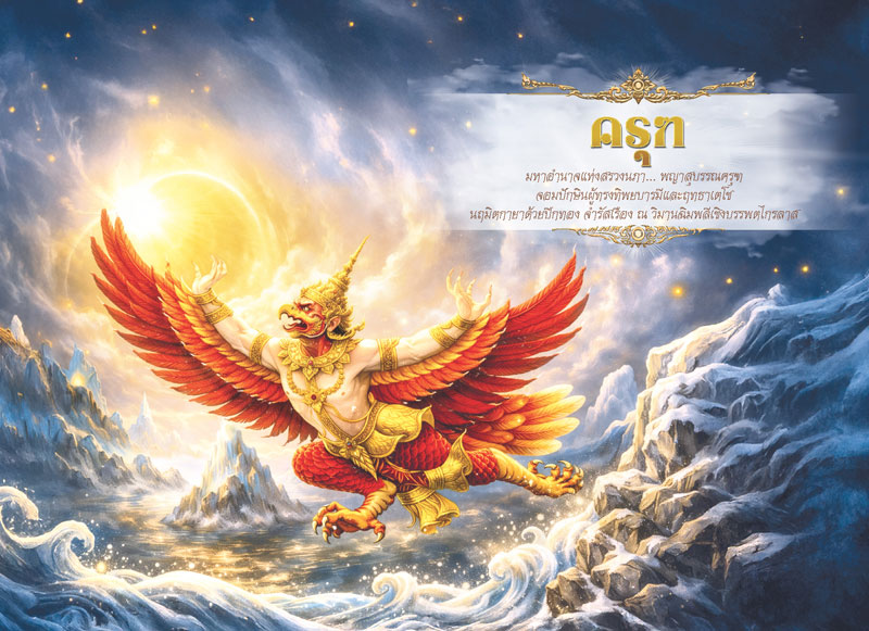 Desk-Calendar-2570-Garuda-Poem-Page_Buddhist-Art-Wildlife-Template_Roongphim-Calendar รูปแบบหน้าเนื้อในพิเศษปฏิทินสำเร็จรูป 2570 ลายจิตรกรรมไทยสัตว์หิมพานต์ พญาครุฑสีแดงส้มและบทกลอนบูชาพญาสุบรรณ สั่งพิมพ์ราคาถูก โดย โรงพิมพ์ปฏิทิน.com