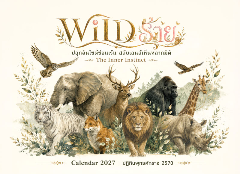 Desk-Calendar-2570-Nature-Wildlife-Cover_Wild-Rai-2027-Template_Roongphim-Calendar รูปแบบเล่มปฏิทินตั้งโต๊ะสำเร็จรูป 2570 ชุด Wild ร้าย ลายการ์ตูนสัตว์ป่าสีน้ำโทนสีครีมทองน้ำตาล สั่งผลิตราคาถูก โดย โรงพิมพ์ปฏิทิน.com