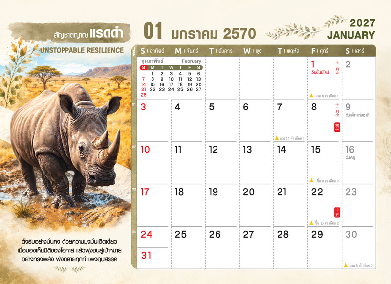 Desk-Calendar-2570-Template-January-Grid_Wild-Rai-Rhino_Roongphim-Calendar รูปแบบตารางเนื้อในปฏิทินตั้งโต๊ะ มกราคม 2570 ลายตัวการ์ตูนสัตว์ป่าแรดดำ มีช่องโน้ตและตารางรันสัปดาห์ทำงาน สั่งพิมพ์ราคาถูก โดย โรงพิมพ์ปฏิทิน.com