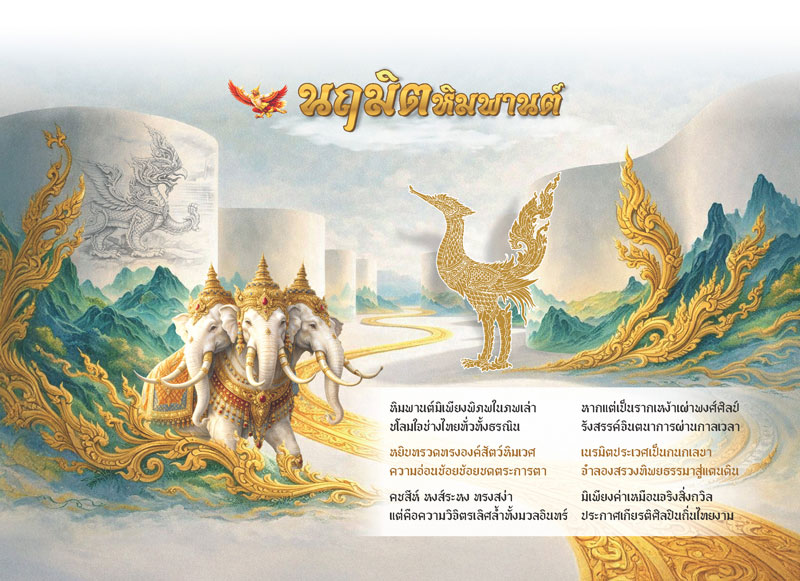 Desk-Calendar-2570-Thai-Poem-Himmaphan-Page_Buddhist-Art-Template_Roongphim-Calendar รูปแบบหน้าเนื้อในพิเศษปฏิทินสำเร็จรูป 2570 ลายจิตรกรรมไทยสัตว์หิมพานต์ ช้างเอราวัณและบทกลอนมงคลสีทองฟ้า สั่งพิมพ์ราคาถูก โดย โรงพิมพ์ปฏิทิน.com